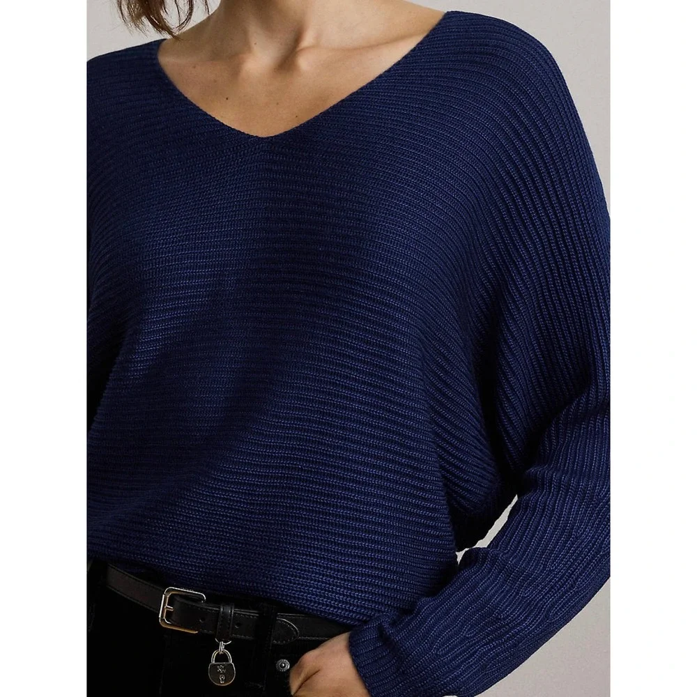 NWT Lauren Ralph Lauren Navy Blue Ribbed V-Neck Dolman Sleeve Sweater XL - Picture 2 of 8